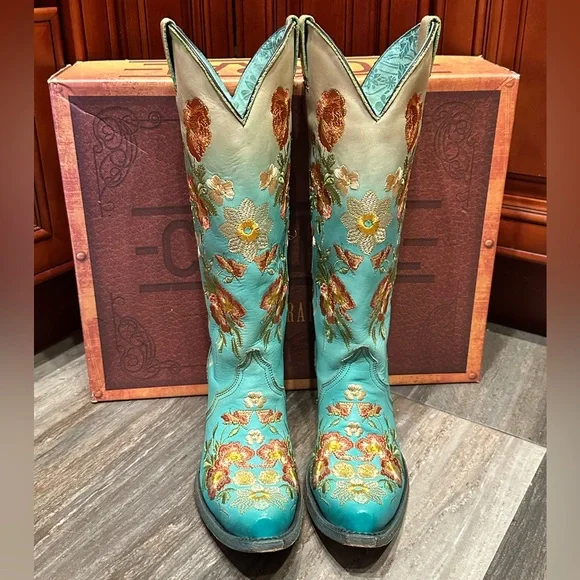 Corral Cowboy Boots C3304 Floral Turquoise Flower Embroidered 7 Rare Wedding - Picture 6 of 10